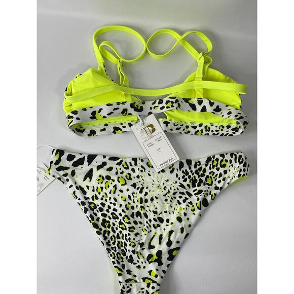 TiniBikini Swimwear Neon Yellow Green Animal Print 2 Piece Bikini NEW Large - Picture 2 of 10